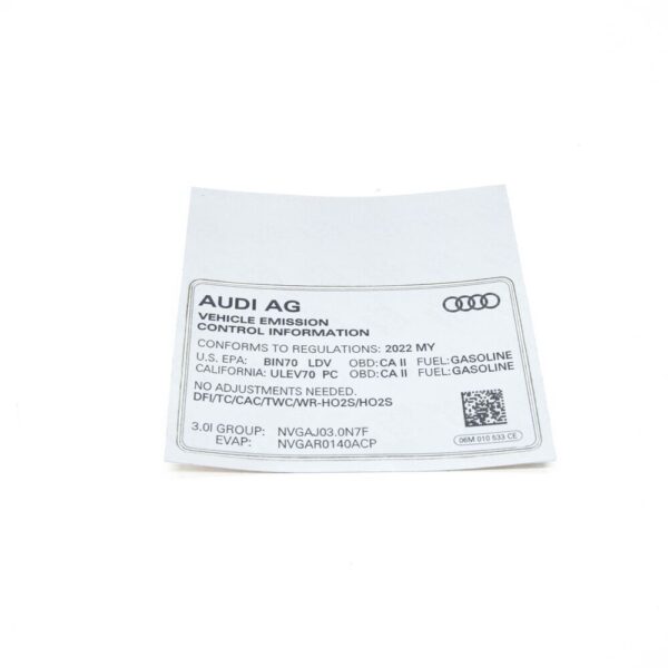 06M010533CE - NEW AUDI A4 AVANT B9 EMISSION VALUE DATA PLATE 06M010533CE ORIGINAL