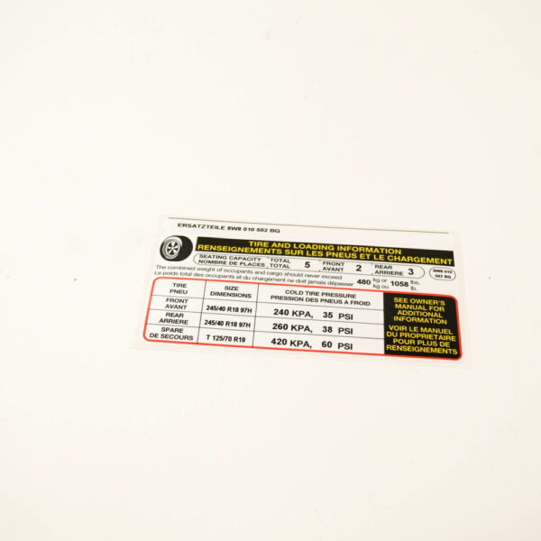 8W8010502BQ - NEW AUDI A5 SPORTBACK 8W6 TIRE LABEL 8W8010502BQ OEM