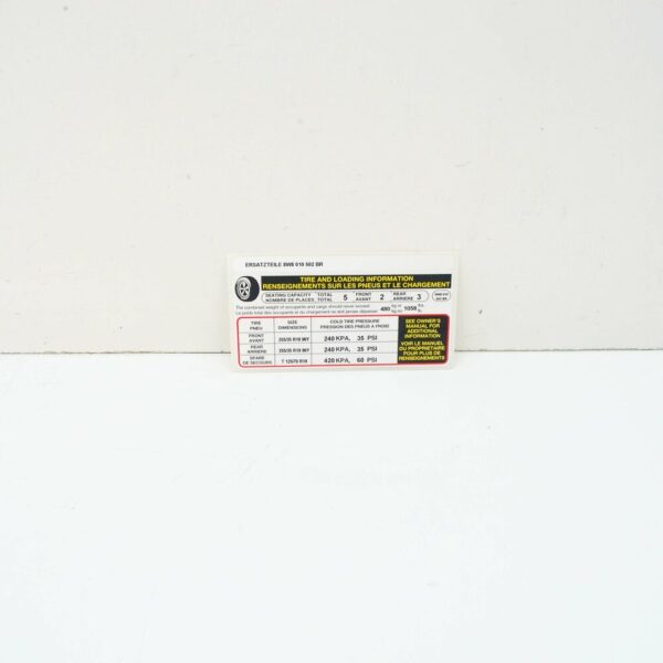 8W8010502BR - NEW AUDI A5 8W6 TYRE PRESSURE DATA PLATE STICKER 8W8010502BR ORIGINAL