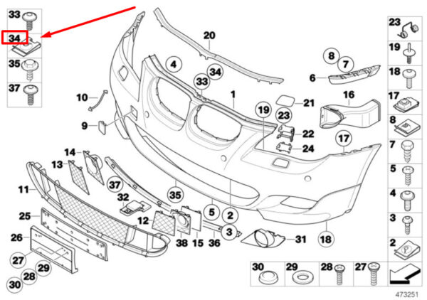 07147142326 - BMW 5 E60 front bumper molding clip 07147142326 7142326 NEW ORIGINAL