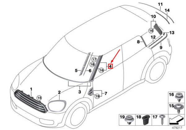 51137390102 - MINI COUNTRYMAN F60 RIGHT PILLAR A COVER 7390102 51137390102 NEW GENUINE