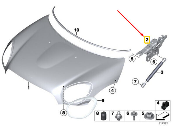 51239805937 - NEW MINI LANDSMANN R60 HOOD LEFT HINGE 51239805937 9805937 ORIGINAL