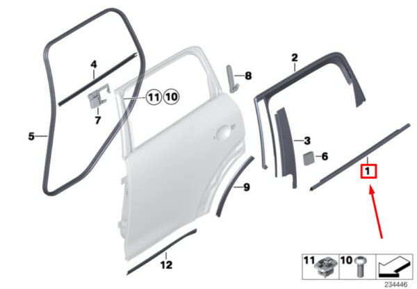 51359810470 - NEW MINI R60 REAR RIGHT OUTER DOOR WINDOW TAPE SEAL 51359810470