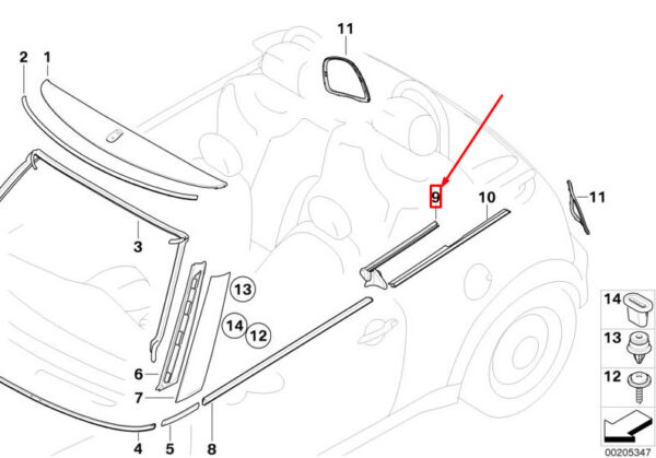 51377190614 - MINI CONVERTIBLE R57 Glass Inner Seal Rear Right 51377190614 NEW GENUINE