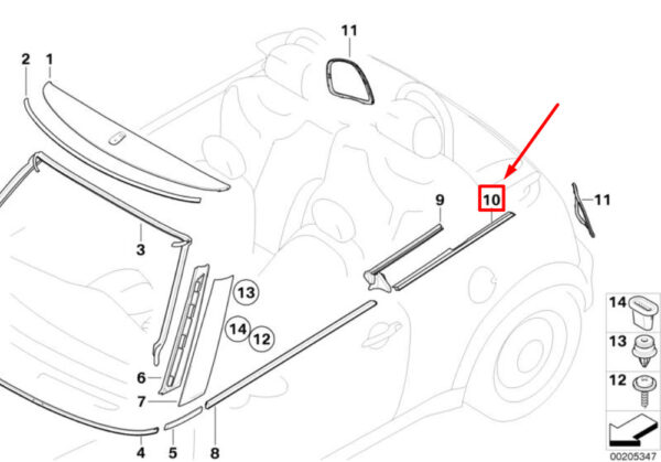 51377190616 - MINI CONVERTIBLE R57 RIGHT REAR WINDOW SEAL STRIP 51377190616 GENUINE
