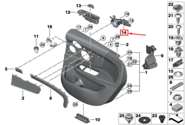 51427360874 - NEW MINI CLUBMAN F54 RIGHT REAR INNER INTERIOR DOOR HANDLE 51427360874 ORIGINAL