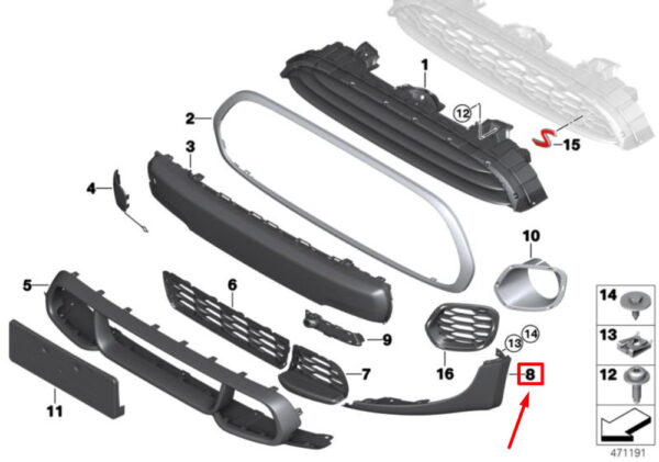 51627382172 - MINI F54 Front Right Black Tape Spoiler JCW / PDC 51627382172 NEW