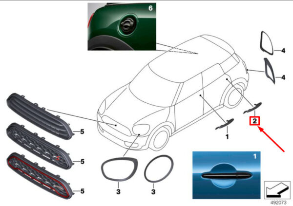 51712457414 - MINI CLUBMAN F54 rear right door ear handle piano black 51712457414 NEW