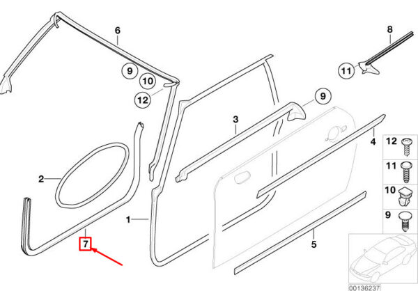 51767130008 - NEW MINI CABRIO R52 FRONT RIGHT DOOR SEAL 7130008 51767130008 ORIGINAL