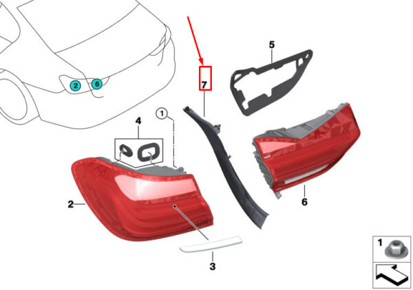63217342961 - BMW 7 G11 taillight water duct rear left 63217342961 NEW original