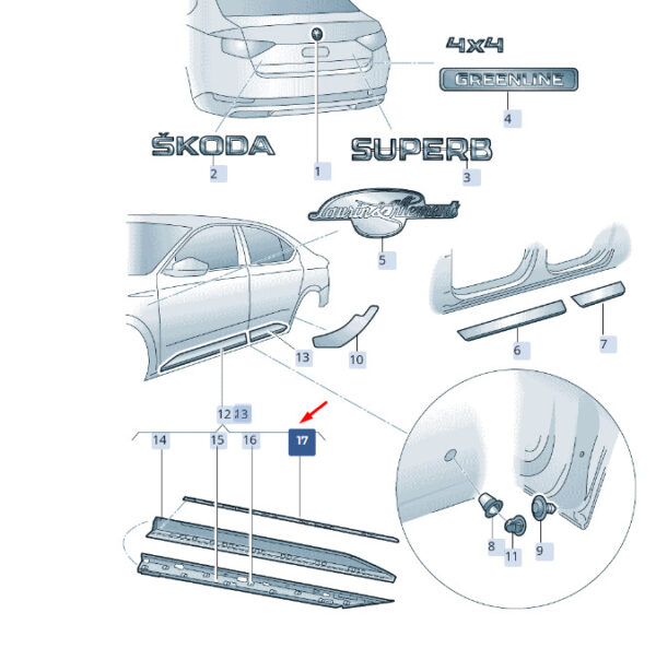 3V0853525B041 - NEW ŠKODA SUPERB MK36 REAR LEFT WING PROTECTIVE STRIPS 3V0853525B041 ORIGINAL