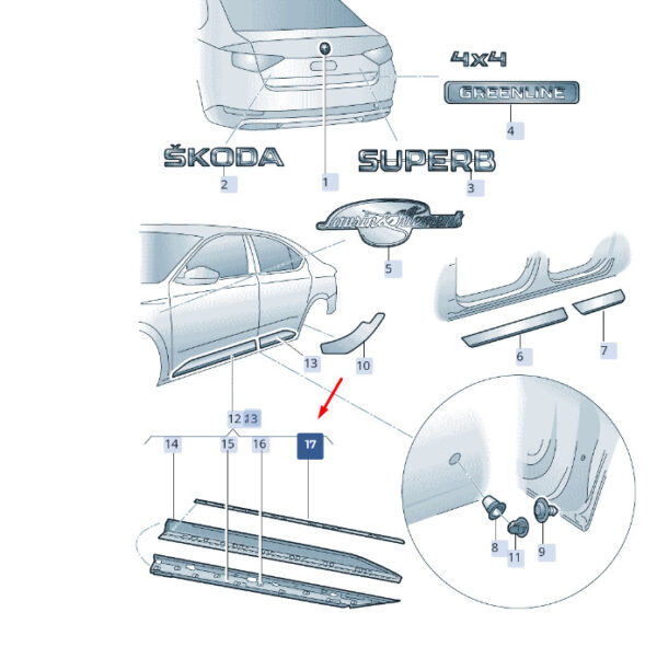 3V0853526C2ZZ - NEW ŠKODA SUPERB MK3 REAR RIGHT WING PROTECTIVE STRIPS 3V0853526C2ZZ ORIGINAL