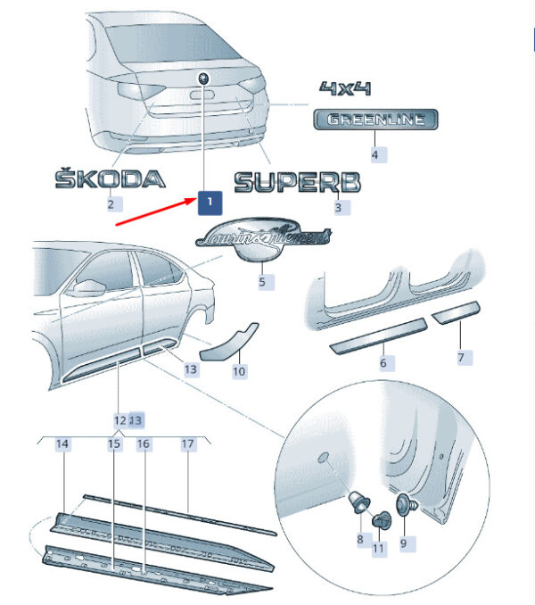 3V0853621BFOD - ŠKODA SUPERB MK3 rear emblem, 3V0853621BFOD, original part