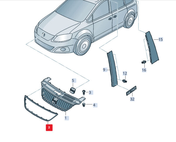 7N58537612ZZ - SEAT Alhambra MK2 radiator grille trim front 7N58537612ZZ, original part
