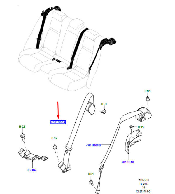 LR092532 - LR RANGE ROVER VELAR L560 seat belt rear center LR092532 NEW ORIGINAL