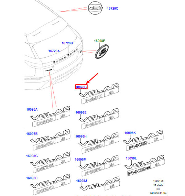 LR095747 - Land Rover Range Rover Velar L560, nameplate rear, LR095747, original part