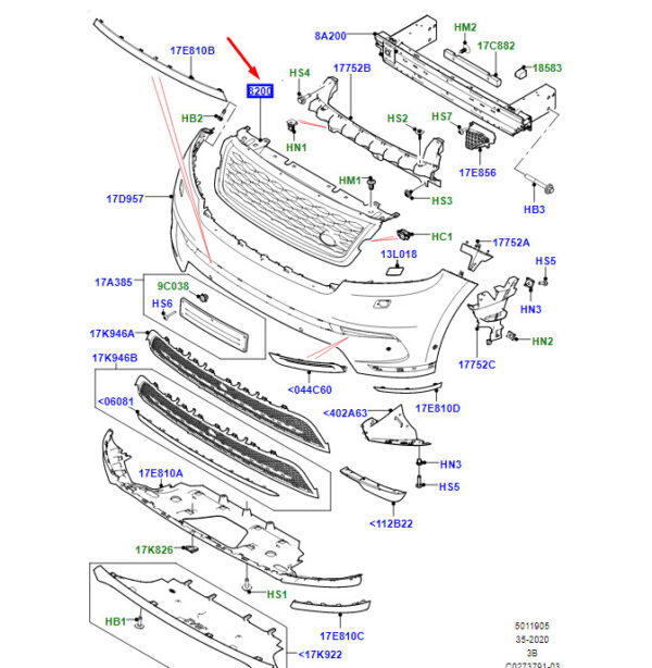 LR143275 - Radiator Grill for Land Rover Range Rover Velar L560, LR143275, Original Part