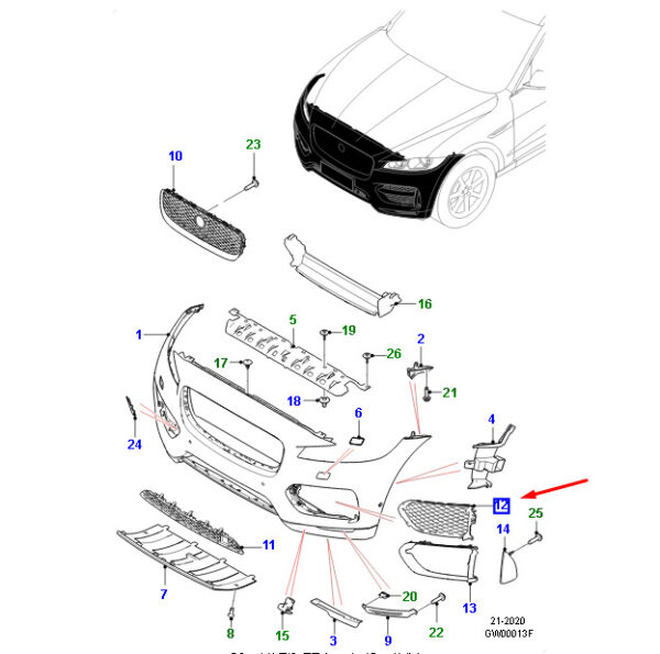 T4A6213 - Jaguar F-PACE X761 Front Right Radiator Grille for Bumper T4A6213 Original Part