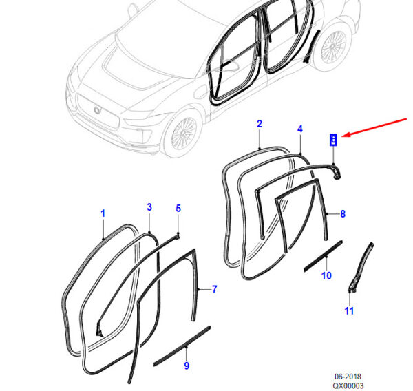 T4K9075 - Jaguar I-PACE X590 Top Rear Left Door Gasket T4K9075 NEW ORIGINAL