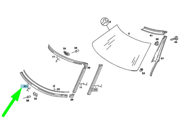 A1076711430 - NEW MB SL R107 WINDSHIELD BOTTOM MOULDING CHROME TRIM A1076711430 86-88 ORIGINAL