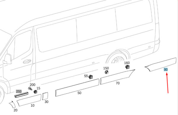 A91069011009K83 - New MB SPRINTER W907 Rear Right Side Protective Strip A91069011009K83