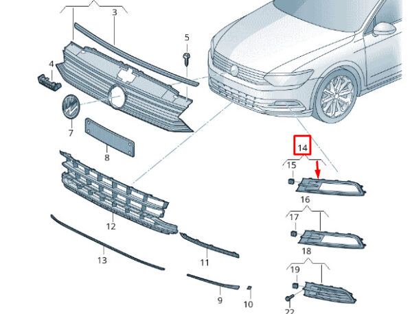 3G08546629B9 - NEW VOLKSWAGEN PASSAT B8 3G2 FRONT RIGHT BUMPER GRILLE 3G08546629B9