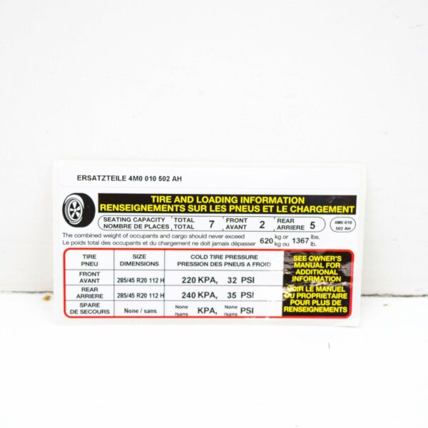 4M0010502AH - NEW AUDI Q7 4M TYRE PRESSURE NOTICE LABEL 4M0010502AH ORIGINAL