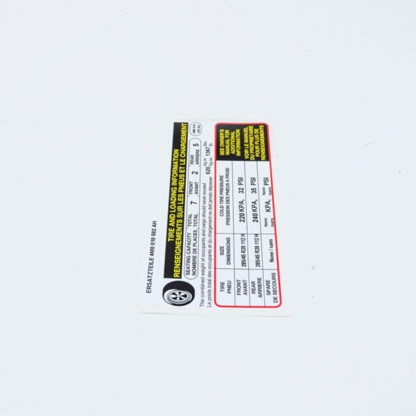 4M0010502AH - NEW AUDI Q7 4M TYRE PRESSURE NOTICE LABEL 4M0010502AH ORIGINAL