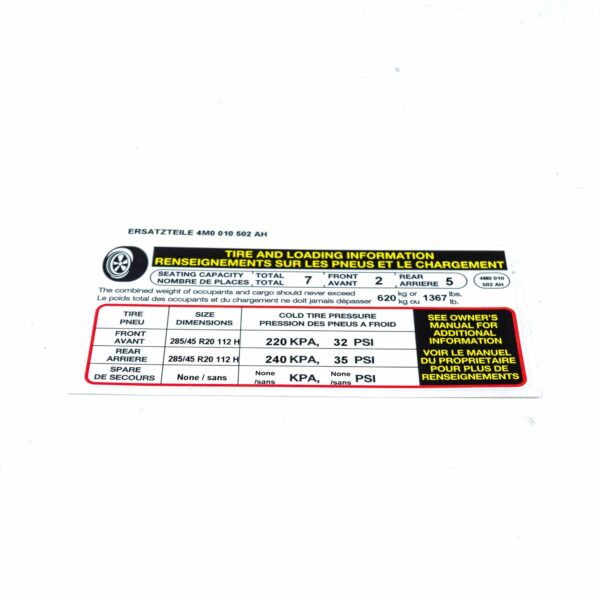 4M0010502AH - NEW AUDI Q7 4M TYRE PRESSURE NOTICE LABEL 4M0010502AH ORIGINAL