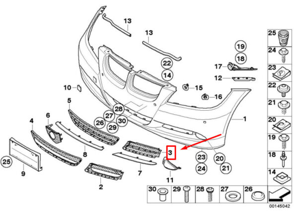51117134080 - BMW 3 E90 Front Right Bumper Grill 51117134080 7134080 ORIGINAL