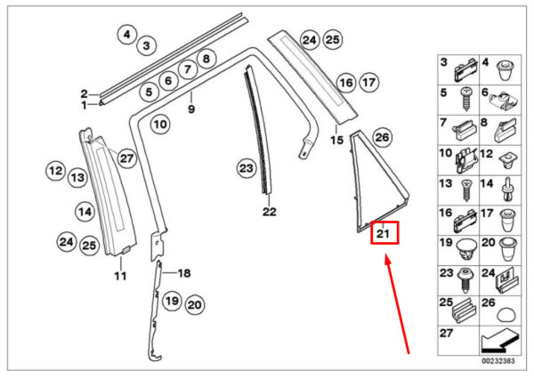 51348402575 - NEW BMW X5 E53 REAR LEFT DOOR WINDOW FIXED FRAME 51348402575 8402575 ORIGINAL