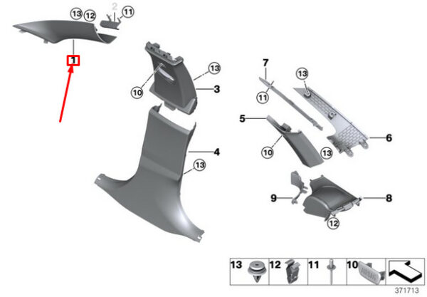 51437321388 - BMW 4 Gran Coupe F36 Right A Column Cover 51437321388 7321388 ORIGINAL