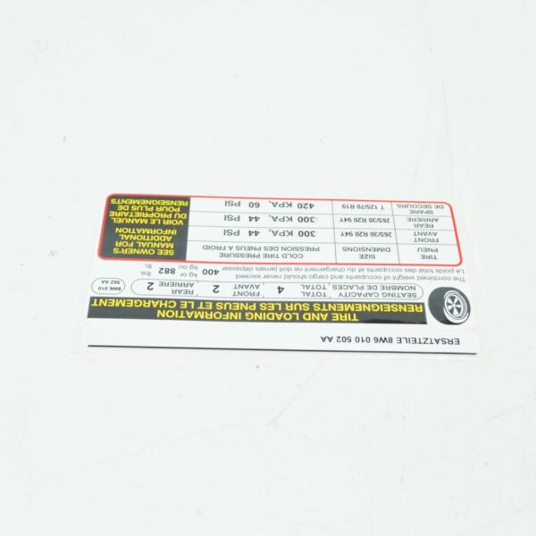 8W601050 - AUDI A5 Cabrio 8W6 Tire Information Label 8W601050 ORIGINAL