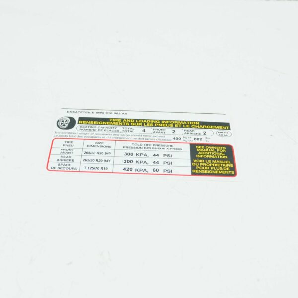 8W601050 - AUDI A5 Cabrio 8W6 Tire Information Label 8W601050 ORIGINAL