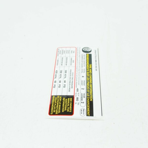 8W601050 - AUDI A5 Cabrio 8W6 Tire Information Label 8W601050 ORIGINAL
