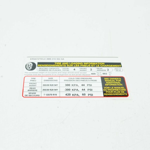 8W601050 - AUDI A5 Cabrio 8W6 Tire Information Label 8W601050 ORIGINAL