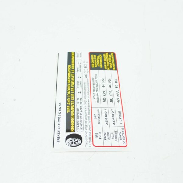 8W601050 - AUDI A5 Cabrio 8W6 Tire Information Label 8W601050 ORIGINAL