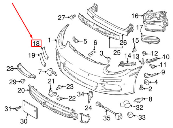 970505574031E0 - Porsche 970 Front Bumper Right Upper Trim 970505574031E0 GENUINE