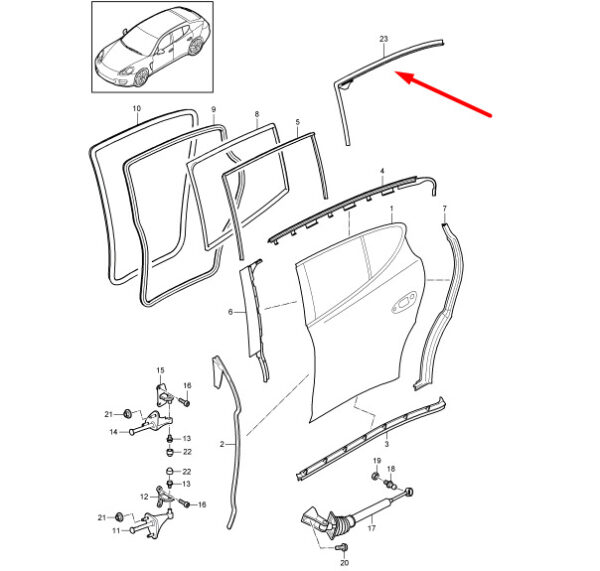 97053655606 - Porsche Panamera 970 door glass gasket rear right 97053655606 NEW ORIGINAL