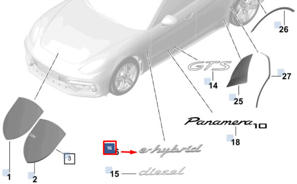 971854499A - Porsche Panamera 971 lettering front left for fenders 971854499 part