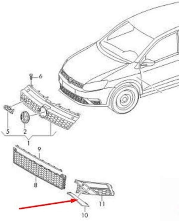 6C0854321GRU - VW POLO GTI 15-17 Front Bumper Lower Left Grille N/S Trim Primed
