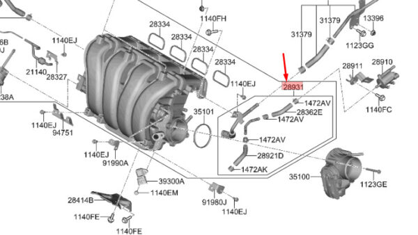 289312G700 - Hyundai Santa FÉ MK3 DM PCV-Rohrschlauchbaugruppe 289312G700, NEU, ORIGINAL