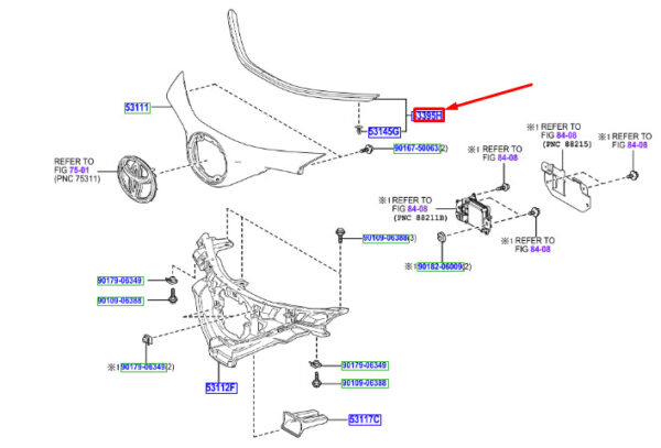 53395F4010 - Toyota C-HR MK1 gasket between bonnet and radiator grille 51395F4010 part