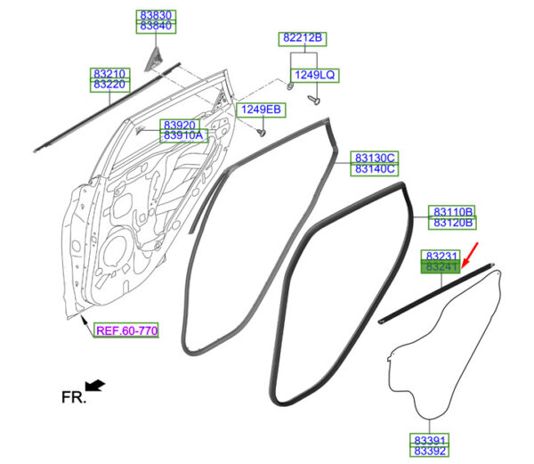 83241J9000 - Hyundai Kona MK1 door gasket inside rear right 83241J9000 NEW ORIGINAL