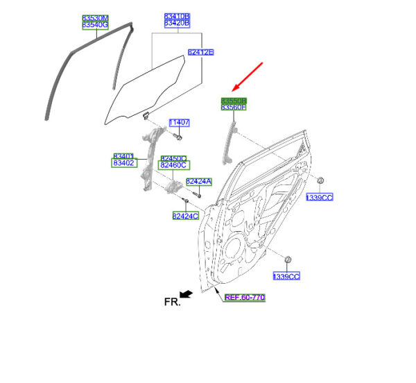 83550J9000 - Hyundai Kona MK1 Tür hinten links, hinterer Kanalbaugruppe, 83550J9000, Original