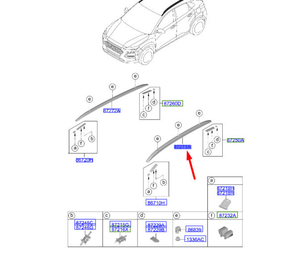 87270J9IA0R9G - Hyundai Kona MK1 roof rack left 87270J9IA0R9G, original