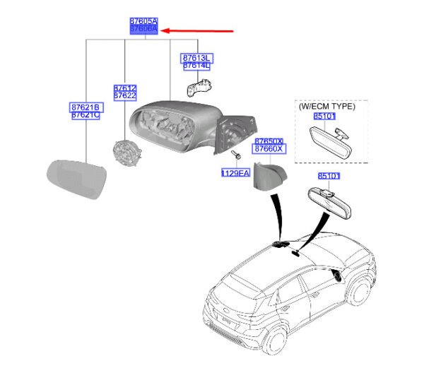 87620J9610WR6 - Hyundai Kona Electric MK1 exterior mirror right LHD 87620J9610WR6, original part