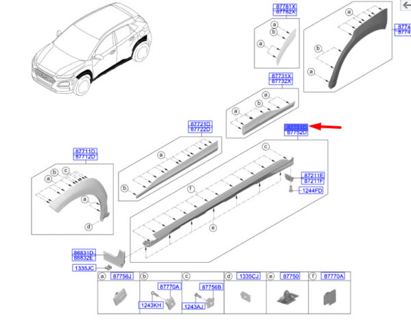 87751J9IA0T5R - Hyundai Kona MK1 Side Sill Molding Left 87751J9IA0T5R, Original Part
