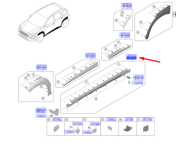 87752J9000CA - Hyundai Kona MK1 Right Side Skirts Trim 87752J9000CA, Genuine Part