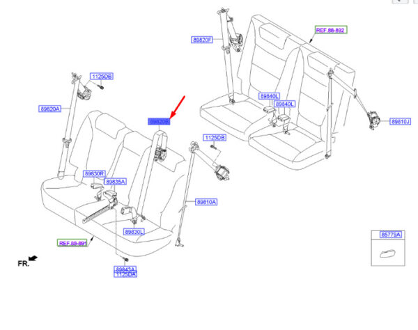 898502W000NBC - Hyundai Santa Fe MK3 DM 2. Center rear seat belt 898502W000NBC NEW